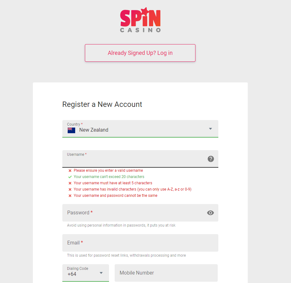 sign up Spin Casino New Zealand